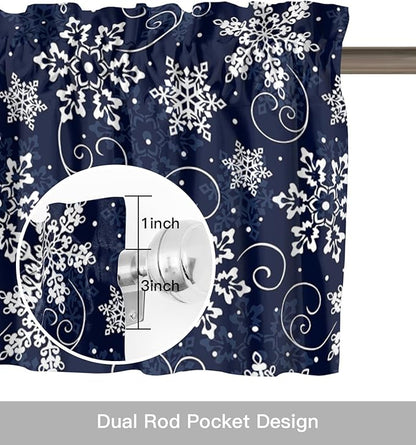Christmas Valance Curtains for Kitchen Windows White Navy Snowflakes Pattern Rod Pocket Window Treatment Toppers for Kitchen/Living Room/Bedroom/Bathroom, 42" X 18", Winter