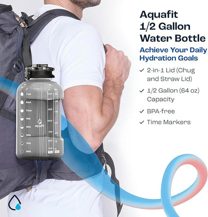 AQUAFIT 64 oz Water Bottle with Time Marker - BPA Free Half Gallon Water Bottle with Straw - Gym Water Bottle with Handle, Gallon Water Jug, Big Water Bottle, Large Water Bottle (Nude, 2in1 Lid)
