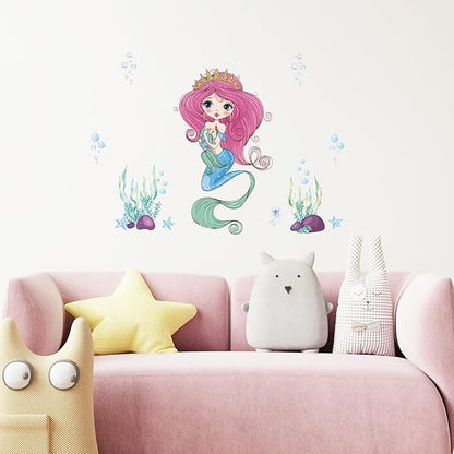 Mermaid Wall Decal for Girls Room, Princess Room Decor, Under The Sea Decorations, Ariel Little Mermaid Stickers, Vinyl Kids Wall Murals Peel and Stick for Bedroom Bathroom Nursery Living Room
