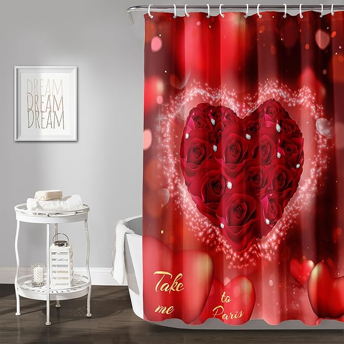 AILONEN Red Rose Hearts Printed Shower Curtain,Romantic Rose Lover Couple Bath Curtain,Fantasy Love Hearts Red Curtain for Bathroom Decor 72" W x 84" H,Waterproof