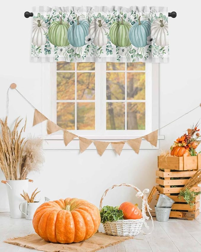 Fall Thanksgiving Kitchen Curtains Valances for Windows Autumn Pumpkins Eucalyptus Leaves Rod Pocket Window Treatment for Kitchen /Living Room/Bedroom/ Bathroom, 42" X 12", White Blue Green Gray Plaid