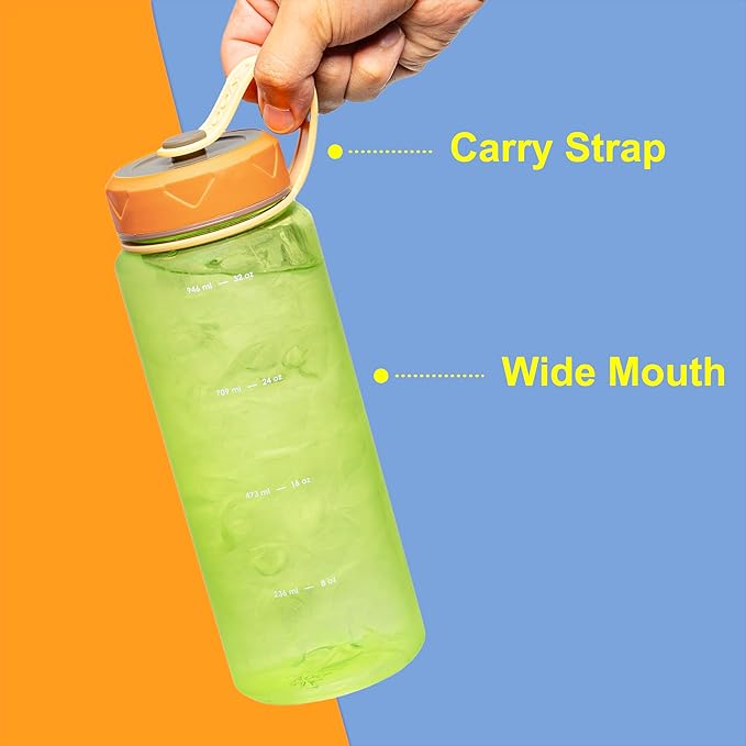 bzyoo HydroPop 36oz Water Bottle w/Strap - Leak-Proof, Hydration Intake Tracking Measurement, Wide Mouth for Ice. Perfect for Gym, Travel, Outdoor - Color Green