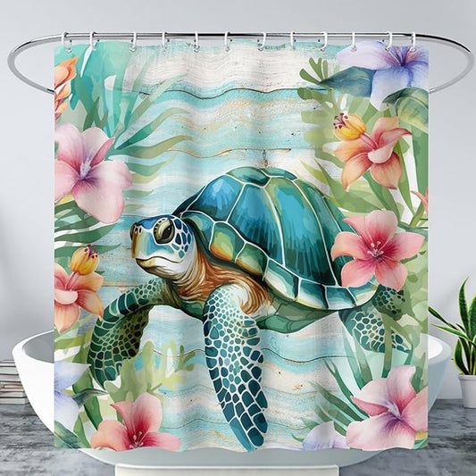 AILONEN Cute Sea Turtle Shower Curtain,Cartoon Beautiful Turtle with Flowers Shower Curtain Set for Bathroom,Ocean Animal Waterproof Fabric Shower Curtain with Hooks,72" W*78" H