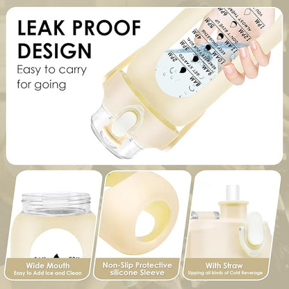 32 oz Glass Water Bottle with Time Marker - 1000ml Large Sports Motivational Water Bottles with Handle & Silicone Case, 1 Liter Leak-proof Measured Drinking Bottle for Gym Fitness Workout (White)