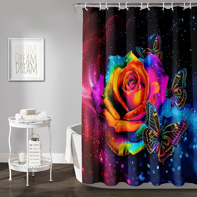 AILONEN Colorful Rose Shower Curtain for Bathroom Decor,Butterfly Galaxy Rose Flower Bath Curtain for Girls Women,Modern Romantic Curtain Waterproof with 12 Plastic Hooks, 48" W*72" H