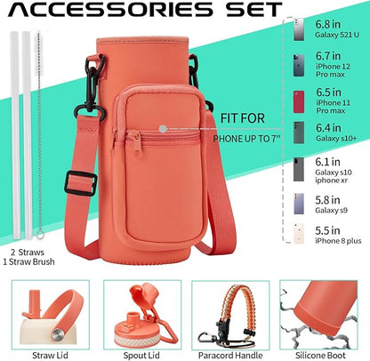 40 oz Stainless Steel Water Bottles with Straw and Auto Spout Lids, Wide Mouth Metal Thermos Bottles for Gym, Leak Proof & BPA-Free Water Flask Jug with Paracord Handle & Carrier Bag with Strap