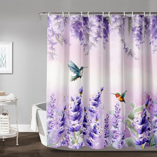 AILONEN Waterproof Floral Shower Curtain for Bathroom,Purple Wisteria Lavender Flowers Shower Curtain,Botanical Floral Decor Bathroom Polyester with Grommets and Hooks 48" W*72" H