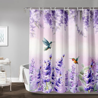 AILONEN Waterproof Floral Shower Curtain for Bathroom,Purple Wisteria Lavender Flowers Shower Curtain,Botanical Floral Decor Bathroom Polyester with Grommets and Hooks 72" W*84" H