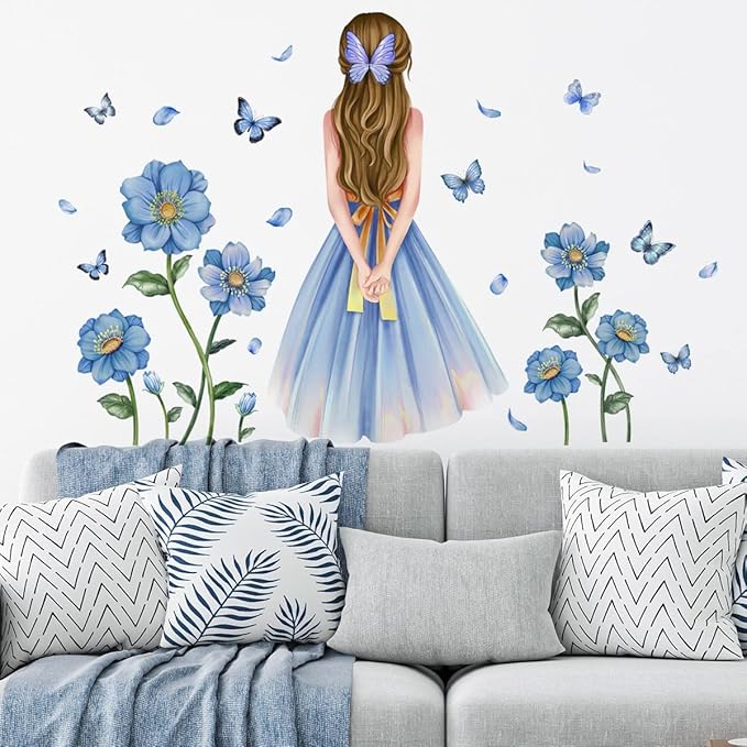 Baby Girl Wall Decals Blue Flower Butterfly Wall Sticker DIY Butterfly Wall Decals Removable Vinyl Peel and Stick for Kids Baby Nursery Bedroom Playroom Art Decoration