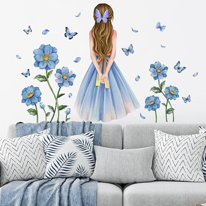 Baby Girl Wall Decals Blue Flower Butterfly Wall Sticker DIY Butterfly Wall Decals Removable Vinyl Peel and Stick for Kids Baby Nursery Bedroom Playroom Art Decoration