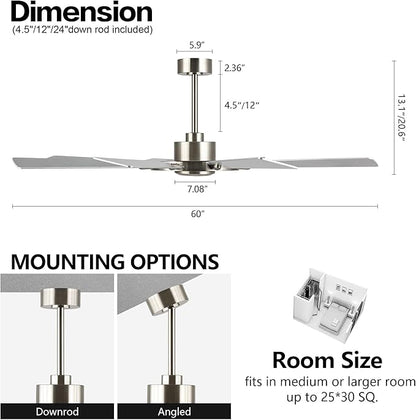 60 Inch Ceiling Fan without Lights, Wood 8 Blades 6-Speed Noiseless Reversible DC Motor, Modern Large Remote Control Ceiling Fan for Bedroom Dining Living Room, Nickel Finish+Silver