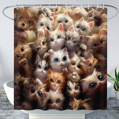 AILONEN Kawaii Cat Shower Curtain for Kids Boys,Lovely Hairy Cat Fabric Shower Curtains for Bathroom,Cute Animal Kittens Polyester Cloth Bath Curtain Set, 36" W*72" H