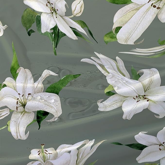 AILONEN Flower Shower Curtain, Vintage Garden Lilies Theme Waterproof Fabric Shower Curtain Set,Green Spring Flowers Bathroom Decor for Teen Girls Women,48" W*72" H