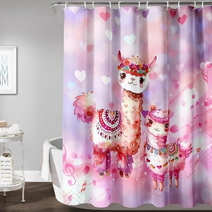 AILONEN Kawaii Llama Shower Curtain for Kids Girls,Watercolor Llama Alpaca Theme Bath Curtain,Boho Llama Hearts Print Pink Shower Curtain Waterproof for Bathroom with 12 Plastic Hooks, 72" W*84" H