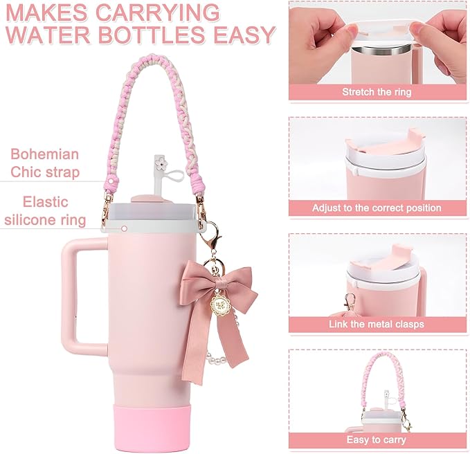 BELSITA Stanley Cup Accessories Set, Bow Pearl Chain Braided Design Water Bottle Handle Strap, Silicone Stanley Cup Boot, Stanley Charms for Stanley Cup 30/40oz Tumble (Pink)