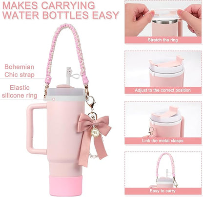 BELSITA Stanley Cup Accessories Set, Bow Pearl Chain Braided Design Water Bottle Handle Strap, Silicone Stanley Cup Boot, Stanley Charms for Stanley Cup 30/40oz Tumble (Pink)