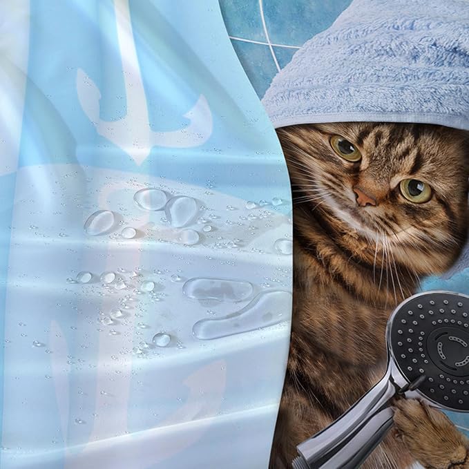 AILONEN Funny Cat Shower Curtain for Kids 48" W*72" H Inch,Cute Kitten Taking Shower Bathroom Curtain,12 Pack Hooks Polyester Waterproof Fabric Decor for Bathroom,Blue