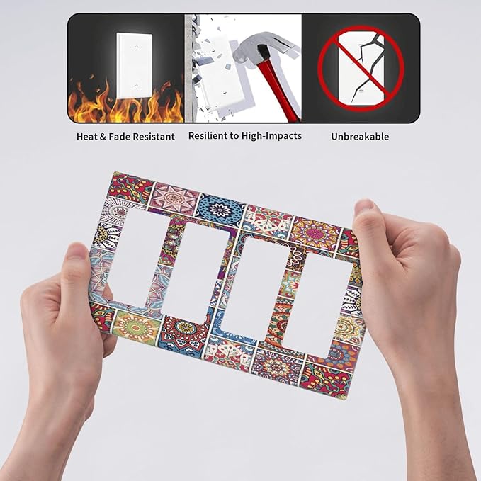 Morocco Talavera Mexican Tiles Printed Colroful Mandala 4 Gang Rocker Decora Light Switch Cover Outlet Covers Wall Plate Decorative Switchplate Electrical Faceplate GFCI for Kitchen Bathroom Decor