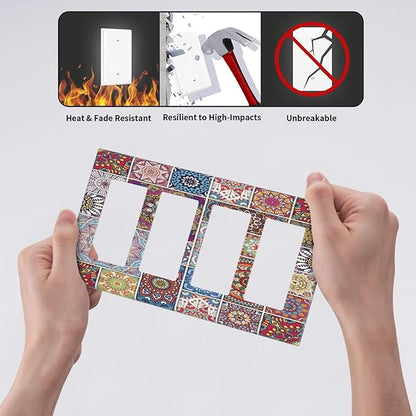 Morocco Talavera Mexican Tiles Printed Colroful Mandala 4 Gang Rocker Decora Light Switch Cover Outlet Covers Wall Plate Decorative Switchplate Electrical Faceplate GFCI for Kitchen Bathroom Decor