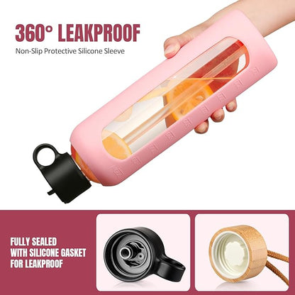 32oz Glass Water Bottle With 2 Lids-Flip Straw Lid, Bamboo Lid, Glass Water Bottle With Silicone Sleeve, Motivational Time Marker, Glass Juice Bottle for Cold Drink,Pink