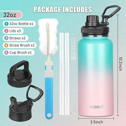 32oz Insulated Water Bottle with Straw&3 Lids,Stainless Steel Water Bottles Double Wall Metal Thermos Water Bottle Leak-proof Vacuum Insulated Bottles for Sports Camping Hiking Gym School