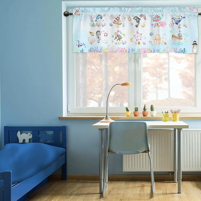 Colorful Sea Animals Valance 54''x18'' Kids Toddler Nursery Bedroom Window Decor Drapes Whale Dolphin Turtle Sea Horse Corals Rainbow Rod Pocket Short Curtains for Kitchen Living Room Bathroom 1 Pack