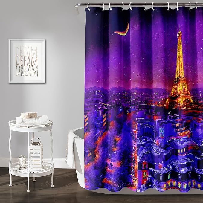 AILONEN Paris Tower Shower Curtain,Purple Glowing City Waterproof Fabric Shower Curtain for Girls Boys Kids Teens, 48" W*72" H Night Eiffel Tower Oil Painting Shower Curtain