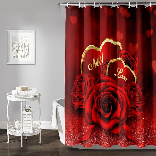 AILONEN Red Rose Shower Curtain for Bathroom, Romantic Flower Rose 3D Printed Valentine Wedding Bathroom Curtain,72" W*78" H Polyester Waterproof Bath Curtain with 12 Hooks