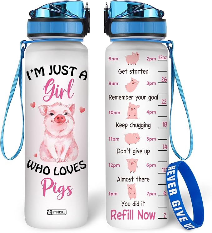 Hyturtle Pig Water Bottle - 32 Oz 1Liter Motivational Bottle With Time Marker, Just A Girl Who Loves Pigs Water Bottle Gifts For Daughter Farm Girl Animal Lover Christmas Birthday