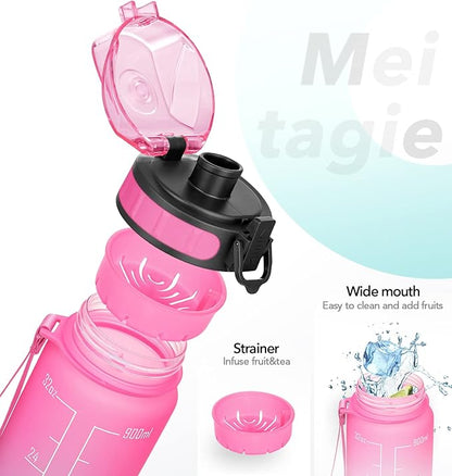 32oz Motivational Water Bottle with Time Marker & Fruit Strainer, Leak-proof BPA Free Non-Toxic 1l Bottle with Carrying Strap, Perfect for Fitness, Gym and Outdoor Sports (Ombre: Sorbet)