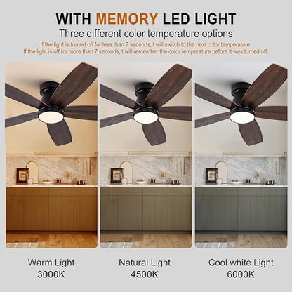 42 inch Ceiling Fans with Lights and Remote,Flush Mount Black Ceiling Fan,Memory Fuction Reversible Quiet DC Motor Low Profile Ceiling Fans For Living Room Bedroom Indoor Outdoor(Black&Walnut)