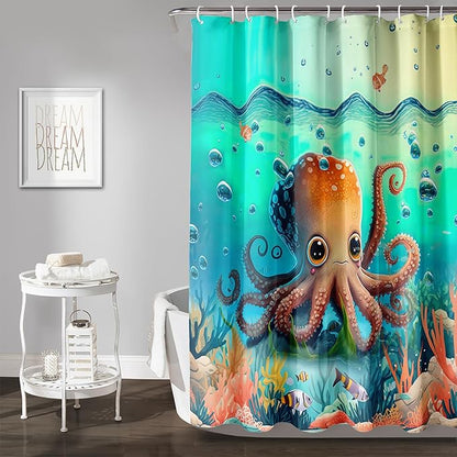 AILONEN Cute Cartoon Octopus Shower Curtain,Beautiful Sea World Theme theme Bath Curtain Cloth Fabric Bathroom 72" W*72" H Inch,12 Pack Hooks for Kids Child Sea Animal Bathroom Curtain
