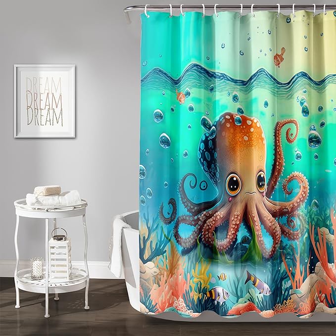 AILONEN Cute Cartoon Octopus Shower Curtain,Beautiful Sea World Theme theme Bath Curtain Cloth Fabric Bathroom 60" W*72" H Inch,12 Pack Hooks for Kids Child Sea Animal Bathroom Curtain
