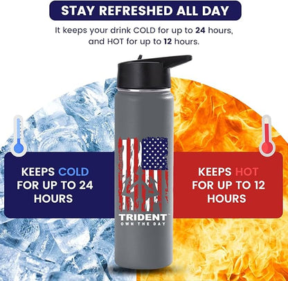 American Flag Water Bottle, 21 oz Insulated Water Bottle, Reusable Water Bottle with Straw, Leak Proof Water Bottles, Thermos Water Bottle - Retired Navy Combat Vet Small Business (Gray, 21 Oz)