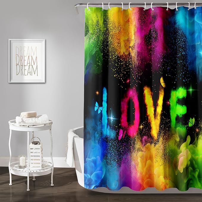 AILONEN Girls Shower Curtain for Bathroom, Rainbow Smoky Love Printed Bathroom Curtain Decor,Women Colorful Bath Curtain Polyester Waterproof Bathroom Curtain with 12 Hooks(72" W*96" H)