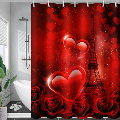 AILONEN Red Rose Shower Curtain for Bathroom, Romantic Eiffel Tower Love Hearts Printed Bathroom Curtain,72" W*72" H Polyester Waterproof Bath Curtain with 12 Hooks