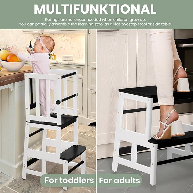 COSYLAND Kids Kitchen Step Stool, Toddler Standing Tower with CPC & FSC Certification, Removable Anti-Drop Railing Safety Rail Enjoys Unique Patented Design A Anti-tip Stable Structure Black & White