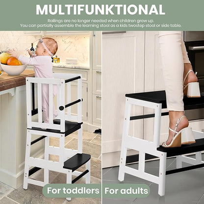 COSYLAND Kids Kitchen Step Stool, Toddler Standing Tower with CPC & FSC Certification, Removable Anti-Drop Railing Safety Rail Enjoys Unique Patented Design A Anti-tip Stable Structure Black & White