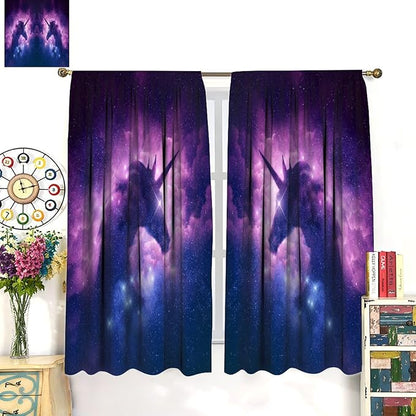 Unicorn Curtains Children's Cartoon Starry Sky Theme Unicorn Pattern Curtains Star Galaxy Boys Girls Room Blackout Curtains 63x63 Inch 2 Panels