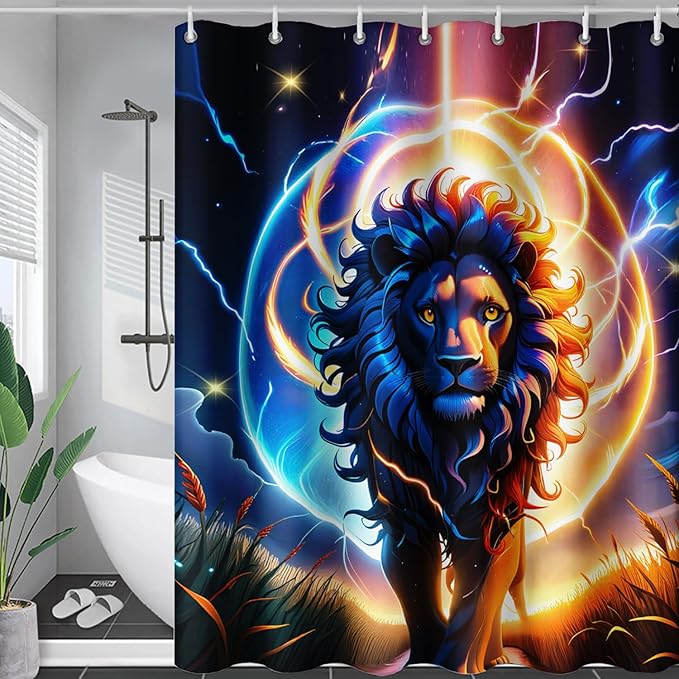 AILONEN 3D Lion Shower Curtain for Bathroom,Gold Halo Lightning Lion Printed Bath Curtain,Boys Teen Kids Running Lion Decoration Shower Curtain Waterproof 48" W*72" H