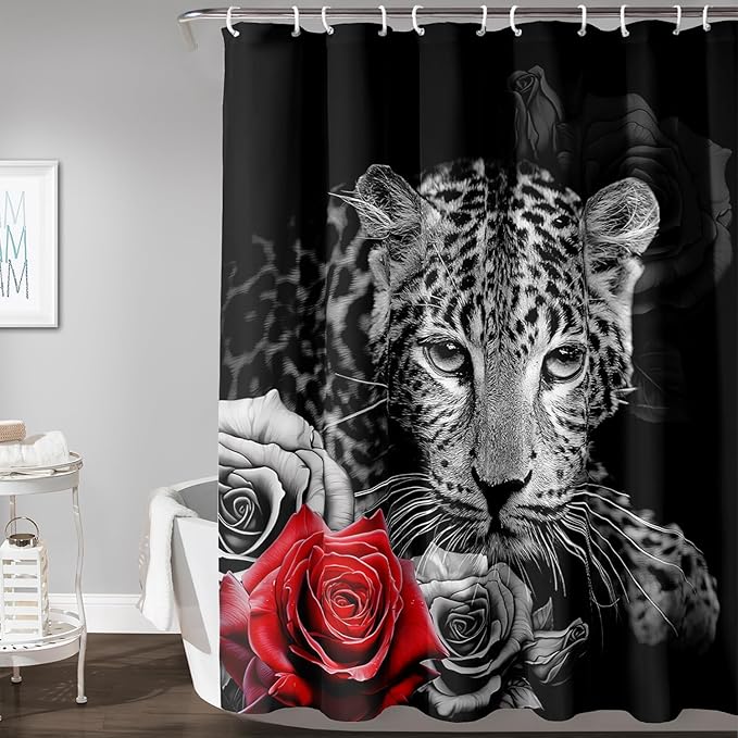 AILONEN Grey Leopard Shower Curtains for Women,Rose Leopard Bath Curtains Gifts for Lover,Polyester Waterproof for Bathroom with 12 Plastic Hooks 72" W*72" H Grey