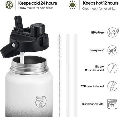 Half Gallon Insulated Water Bottle with 2-in-1 Lid (Chug Lid/Straw Lid), 40/64oz Double Walled Vacuum Stainless Steel Water Bottles, Water Jug with Straw