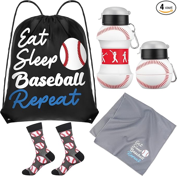 4 Pcs Baseball Gift Set Baseball Drawstring Bag Baseball Stuff, Silicone Water Bottle, Quick Dry Towel, Socks for Training Sports Accessories