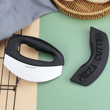 Premium Pizza Cutter Food Chopper-Super Sharp Blade Stainless Steel Pizza Cutter Rocker Slicer with Protective Sheath Multi Function Pizza Knife Kitchen Tools,Dishwasher Safe (Black)