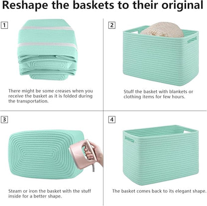 4 Pack Storage Baskets for Organizing Toys, Towels, and Clothes, Woven Basket for Shelves, Durable Nursery Cube Bins for Storage, 13''L x9''W x7.8''H, Green