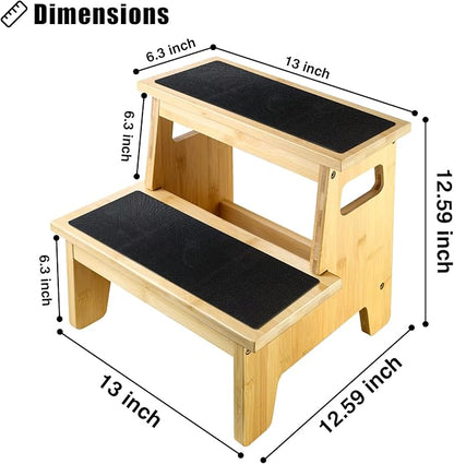 Kids Step Stools for Toddlers Bathroom Bamboo Wood Toddler Stepping Stool Kitchen Counter Sink Baby 2 Step Stool Foot Bed Stool for Adults Child Potty Training Toilet Stool, Natural with Pads