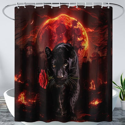 AILONEN Black Panther Shower Curtain,Evening Moon Flame Leopard Bath Curtain for Kids Men,Wildlife Animal Polyester Waterproof with 12 Plastic Hooks 48" W*72" H
