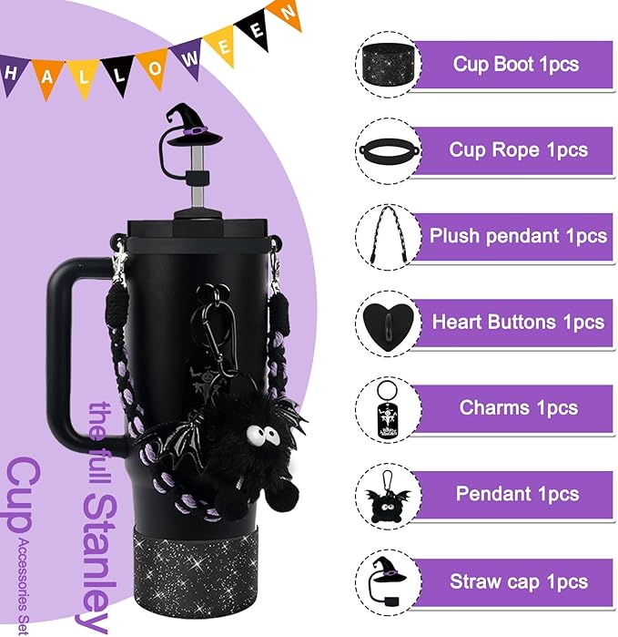 BELSITA Stanley Cup Accessories Set, Black Bird Chain Braided Design Water Bottle Handle Strap, Black Glitter Silicone Stanley Cup Boot, Stanley Charms for Stanley Cup 30/40oz Tumble (Halloween 2)