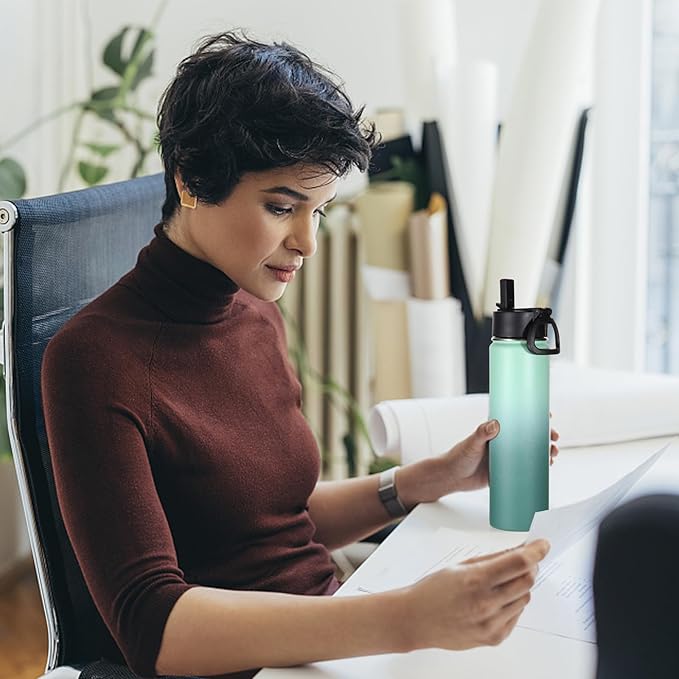 Volhoply 24 Ounce Insulated Water Bottle With Straw Lid,Stainless Steel Wide Mouth Sport Bottles With Handle,Double Wall Vacuum Thermos keep Cold,Reusable Travel Thermal Cups For Holder,Gym(Mojito,1)