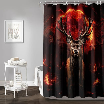 AILONEN Deer Hunting Shower Curtain for Boys,Moon Flame Fire Elk Bath Curtain for Bathroom,Print Polyester Waterproof with 12 Plastic Hooks 36" W*72" H